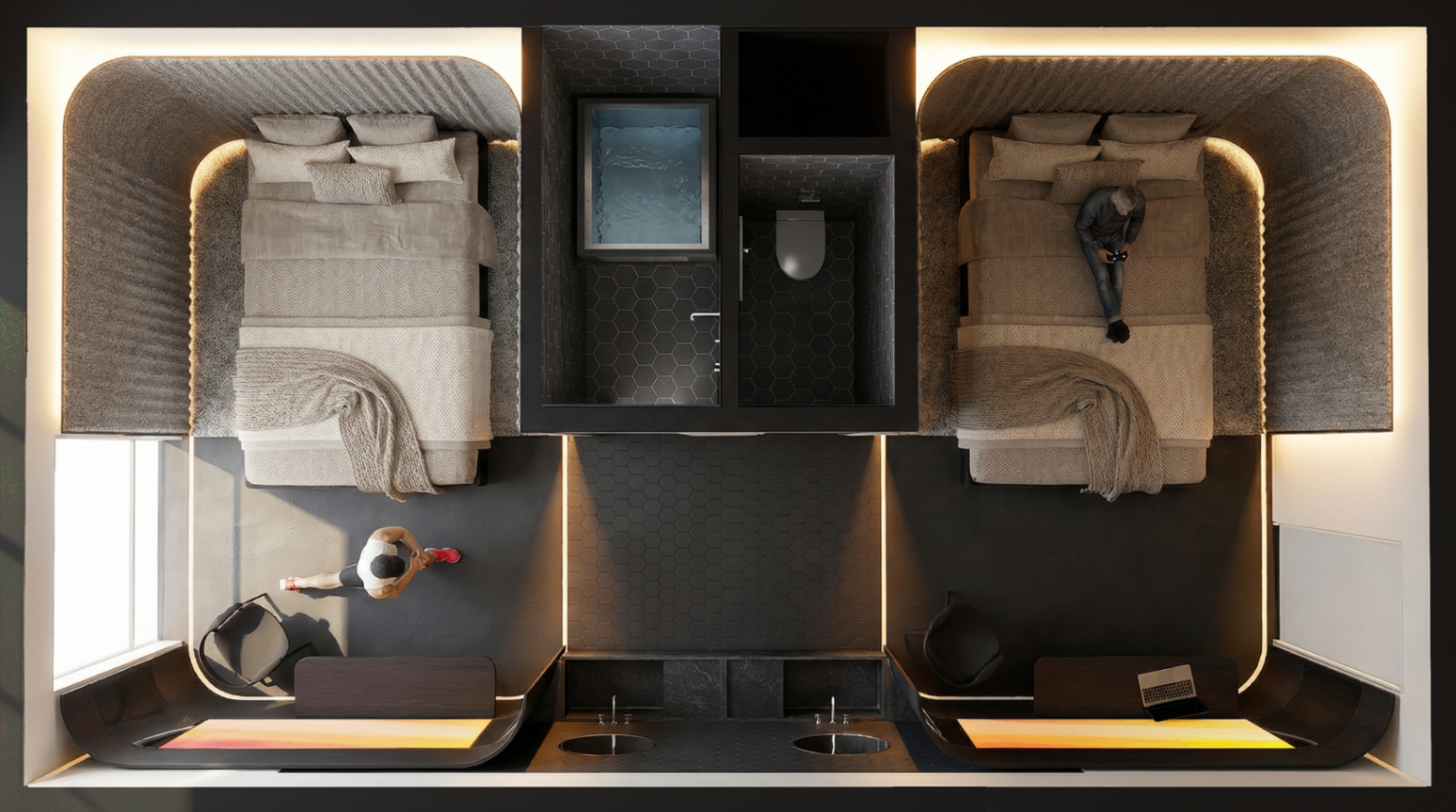 Sleep-engineered Carbon guest room with a nine-foot bed and blackout finish